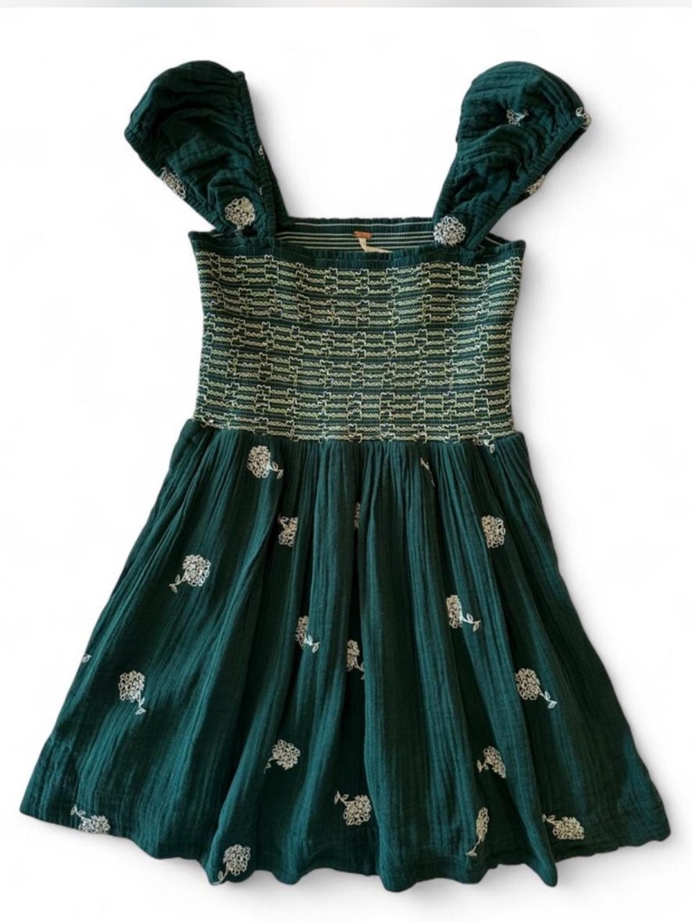 Free People Green Embroidered Smocked Babydoll Mini Dress Cotton Small - Picture 3 of 8
